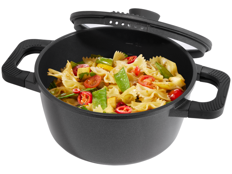Pot with farfalle pasta, tomatoes, peppers, and peas, with an open lid