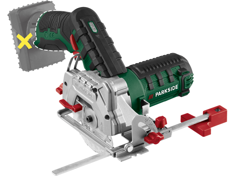 Cordless circular saw with parallel guide, without battery.