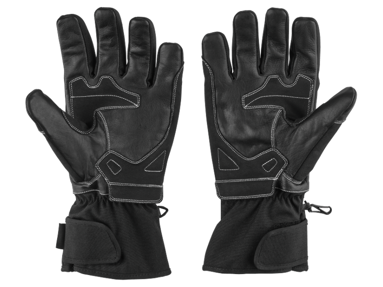 Pair of black gloves with white stitching, reinforced palms, and adjustable cuffs.