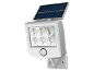 Solar-powered LED outdoor light with motion sensor, silver-colored.