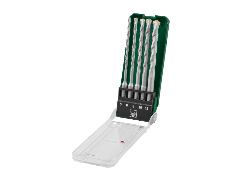 Set of five masonry drill bits in a green case, sizes 5, 6, 8, 10, 12 mm.