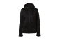 Black softshell jacket with a hood and front zipper.