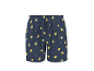 Dark blue men's shorts with a lemon and leaf pattern.
