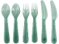 Green plastic cutlery set including spoons, forks, and knives.