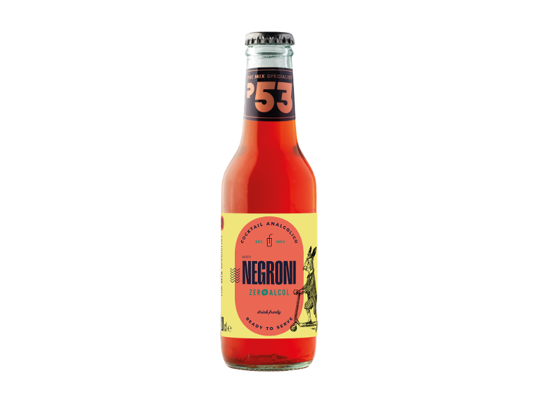 Bottle of non-alcoholic Negroni cocktail with a rabbit on a scooter.