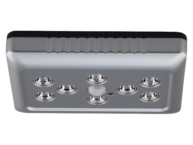 Silver LED light with motion sensor and eight spotlights.