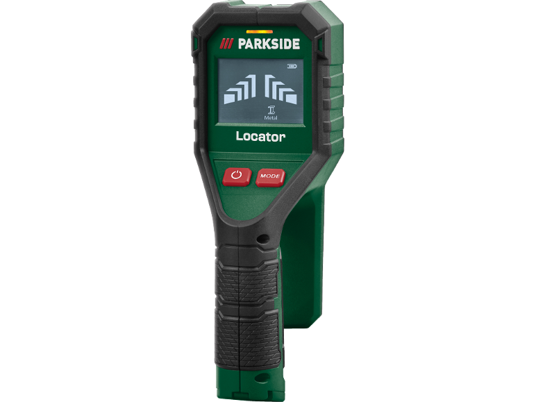 Green locator with a display showing metal detection and power/mode buttons.