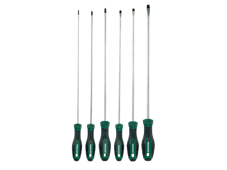 A set of six screwdrivers with green and black handles, including Phillips and flathead types.