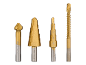 Assortment of golden drill bits: countersink, step drills, and a spiral drill bit.