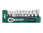 Socket wrench set with ratchet and extension in a green holder.
