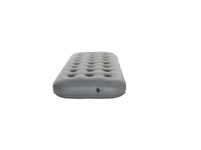 Grey inflatable mattress with an integrated valve, seen from the side.