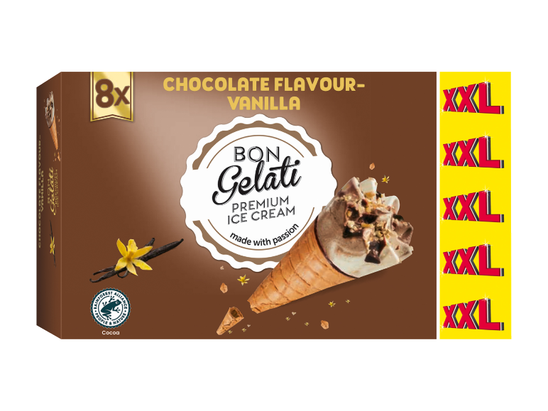 Box of 8 XXL chocolate and vanilla flavored ice creams.