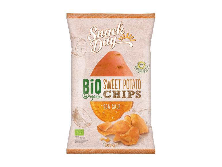 Bag of organic sweet potato chips with sea salt and sunflower oil, 100g.