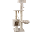 Beige cat tree with multiple levels, a house, a hammock, and toys.