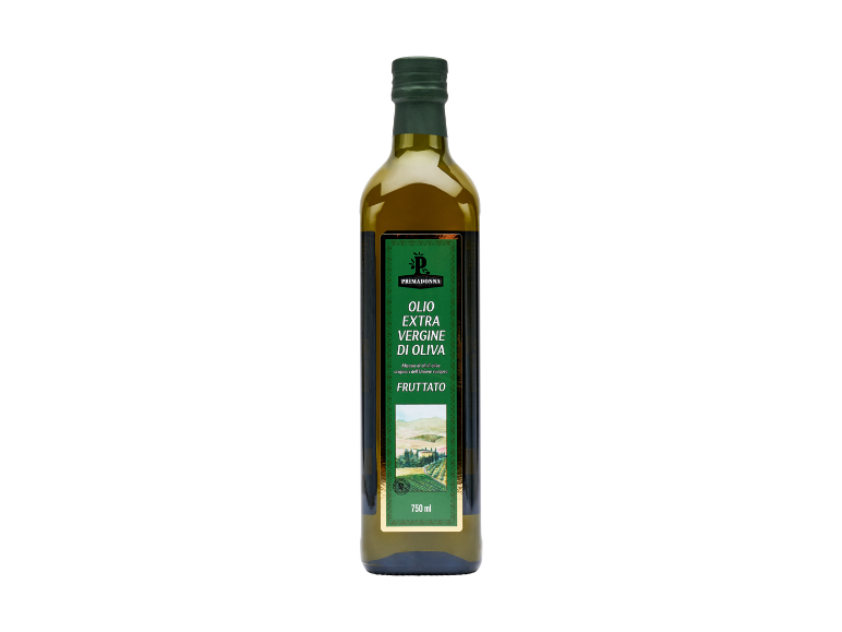 Bottle of extra virgin olive oil with 'FRUTTATO' label and 750 ml.