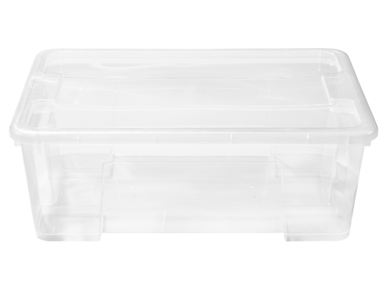 Clear plastic storage box with lid, ideal for organizing various items.
