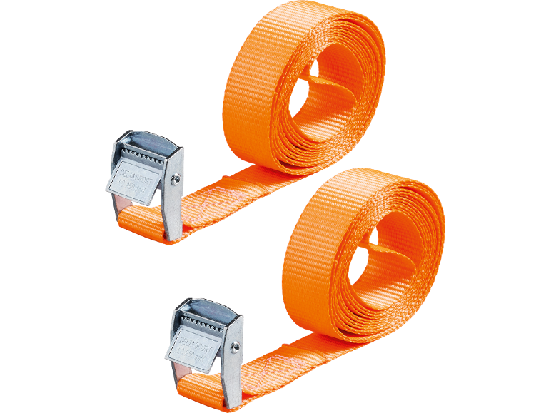 Two orange lashing straps with metal buckles, each marked 'LC 250 daN'
