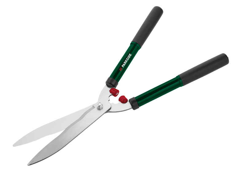Hedge shears with long handles and green grips
