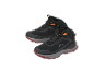Black waterproof hiking boots with orange details and a red sole.