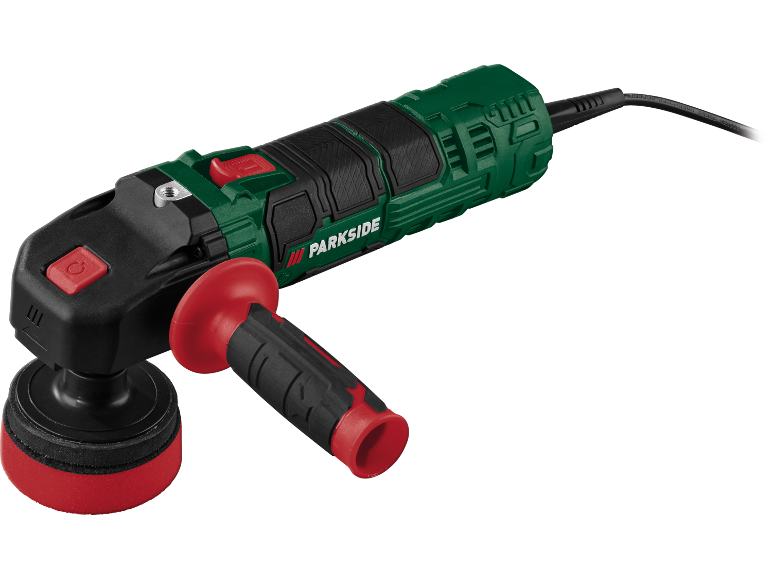Green electric polisher with red accents and a black handle.