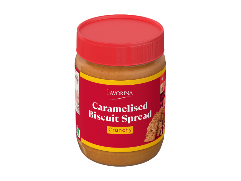 Jar of caramelised biscuit spread, crunchy, with a red lid.