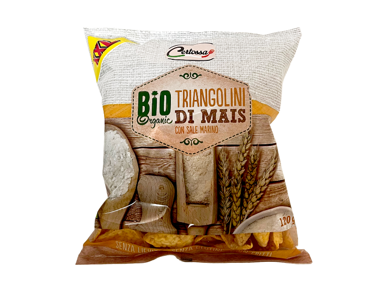 Bag of organic corn triangles with sea salt, gluten-free and not fried.