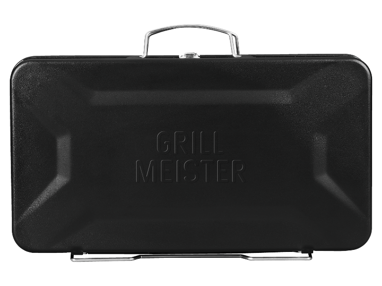Black portable suitcase grill with the inscription «GRILL MEISTER».