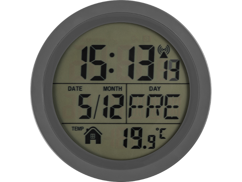 Digital clock displaying time, date, day, and temperature of 19.9°C.