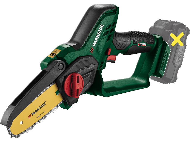 Cordless mini chainsaw with a yellow blade and green handle, battery not included.