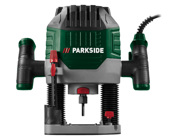 Green and gray router with red accents on a black background.