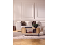 Beige sofa with cushions, wooden coffee table with books and plant, on a rug.