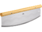 Pizza cutter with a wooden handle and a curved stainless steel blade.