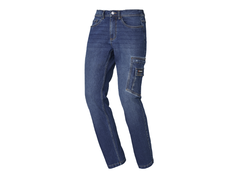 Blue denim work trousers with side pockets and stitching details.