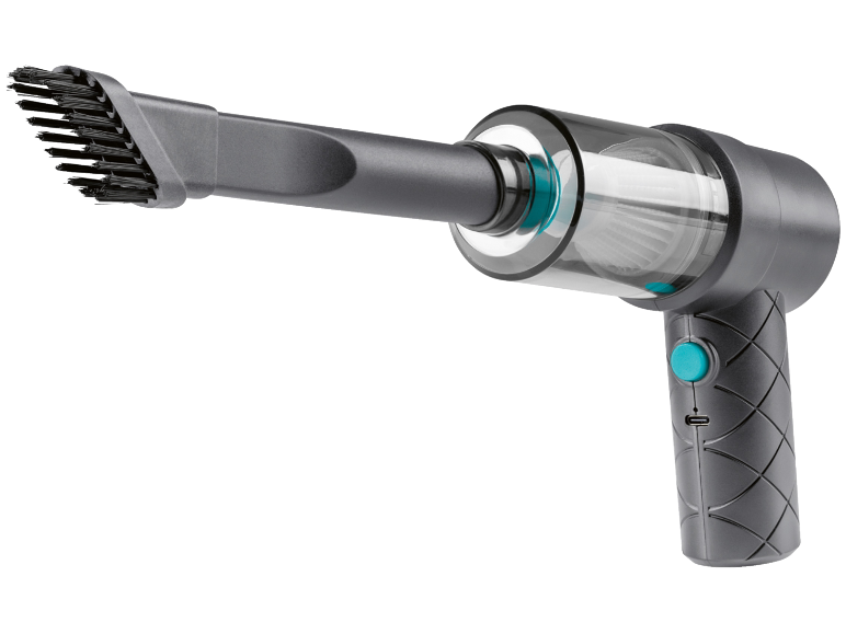 Portable handheld vacuum cleaner with brush attachment and transparent dustbin.