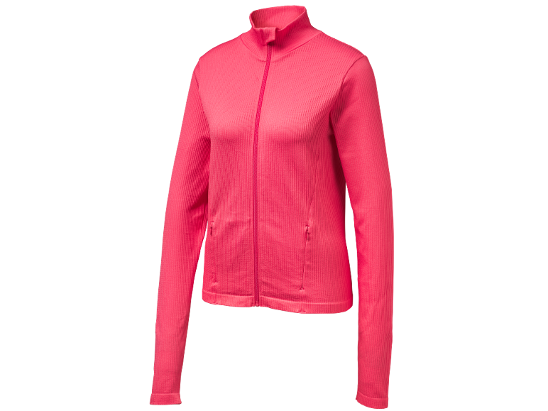 Pink ribbed full-zip sports jacket with a high collar and side pockets.
