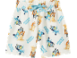 White shorts with Bluey and Bingo cartoon print and a light blue drawstring.