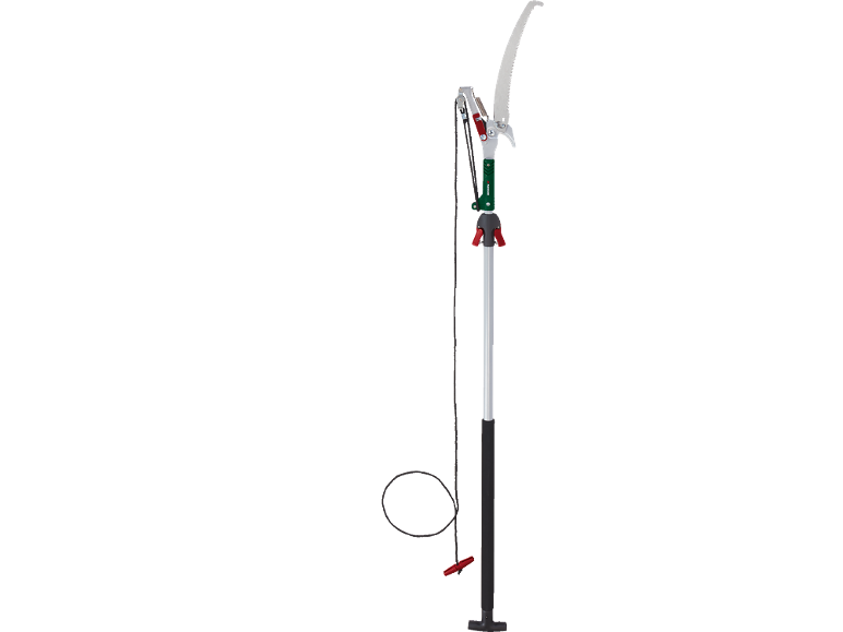Telescopic pole pruner with saw and rope for high branch trimming.
