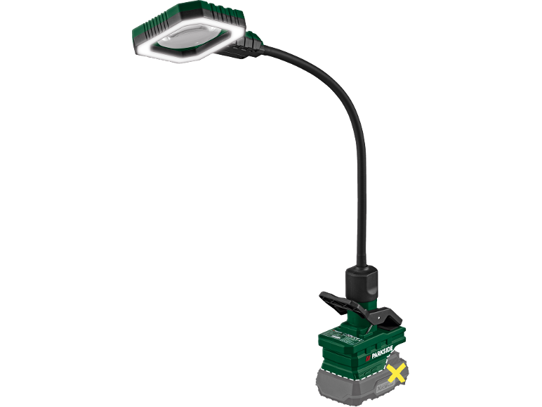 Cordless LED work light with flexible gooseneck and clamp