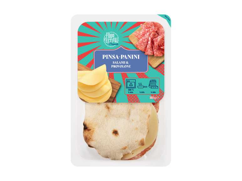 Salami and provolone pinsa-panini with cooking instructions, 160 g.