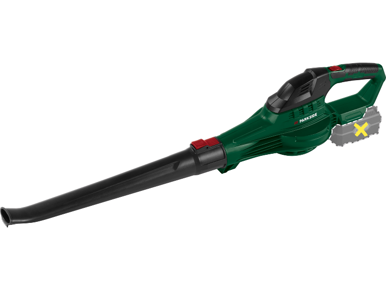 Green and black cordless leaf blower with a removable battery.