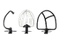 Mixer attachments: dough hook, wire whisk, and flat beater.