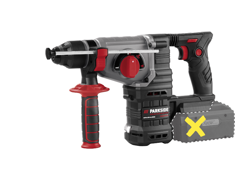 Cordless rotary hammer drill with a grey and black body and red accents.