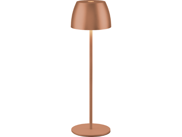 Copper-colored LED table lamp with a round base and a dome-shaped shade