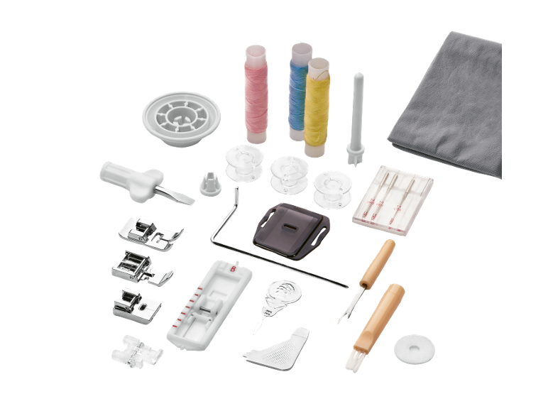 Sewing accessories kit, including colorful threads, presser feet, and needles.