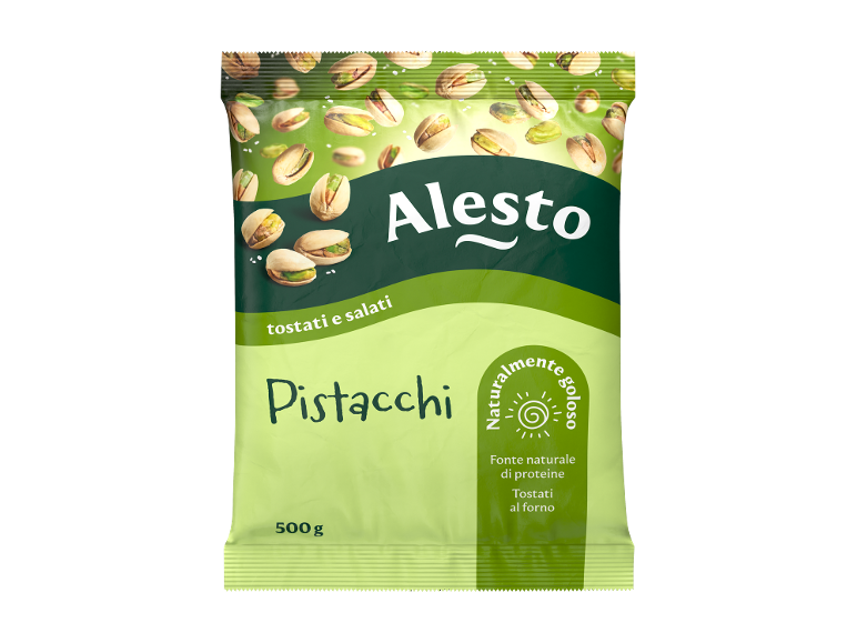 Bag of roasted and salted pistachios, naturally delicious, a source of protein.