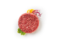 Raw meat patty with lettuce, red onion, and yellow pepper.