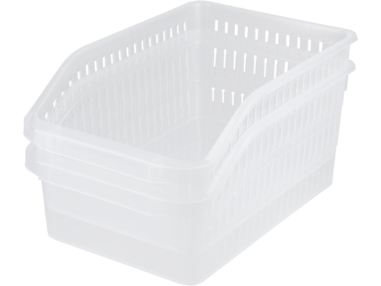 Transparent plastic storage bins stacked on top of each other.