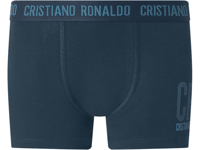 Dark blue men's boxer briefs with lettering on the waistband and side.