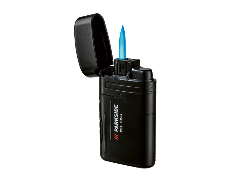 Black gas lighter with an open lid and a blue flame.