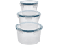 Stack of three round clear plastic food storage containers with blue-rimmed lids.
